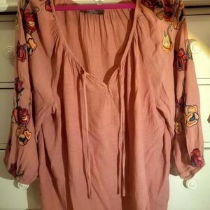 Plus Size Boho lovely pink gauze with floral embroidery on sleeves Top